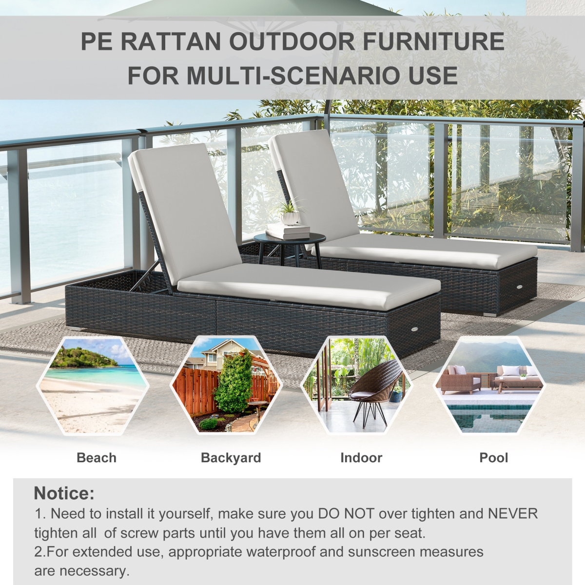 Outsunny Rattan Sun Loungers Set of 2 with 5-Position Backrest & Padded Seats – Garden Recliners, Brown