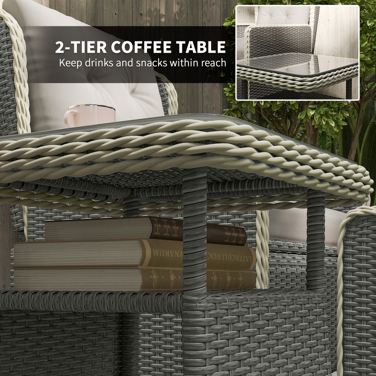 Outsunny Five-Piece Rattan Garden Furniture Set with Reclining Armchairs, Footstools & Glass Table, Charcoal Grey