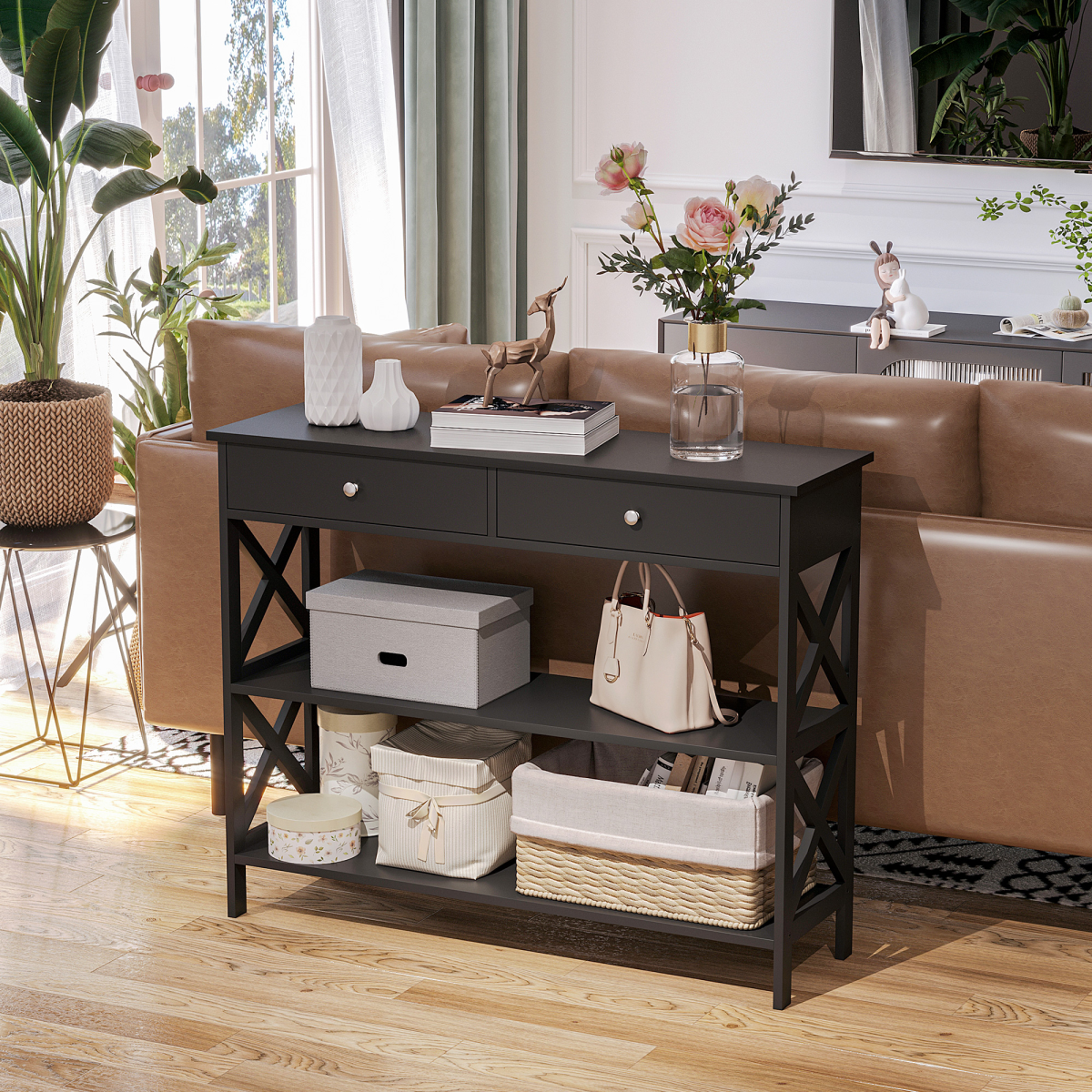Console Table with Open Shelf & 2 Storage Drawers – Hallway and Office Storage Table, Black