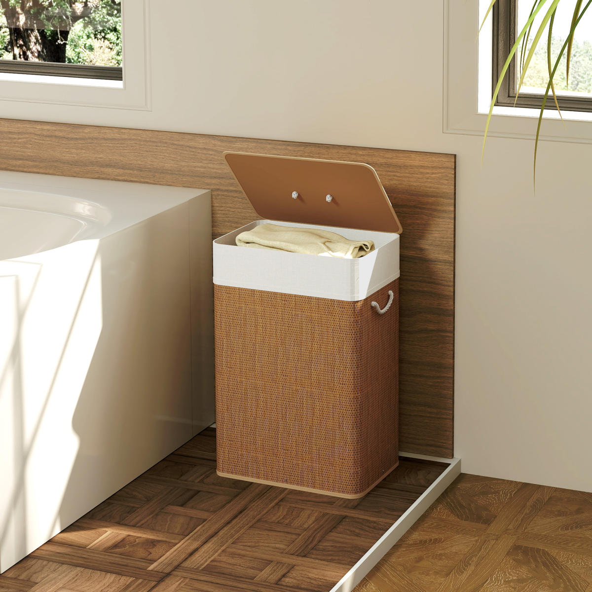 HOMCOM 72L Laundry Hamper with Removable Liner Bag and Lid – Portable Bamboo Laundry Basket, Brown