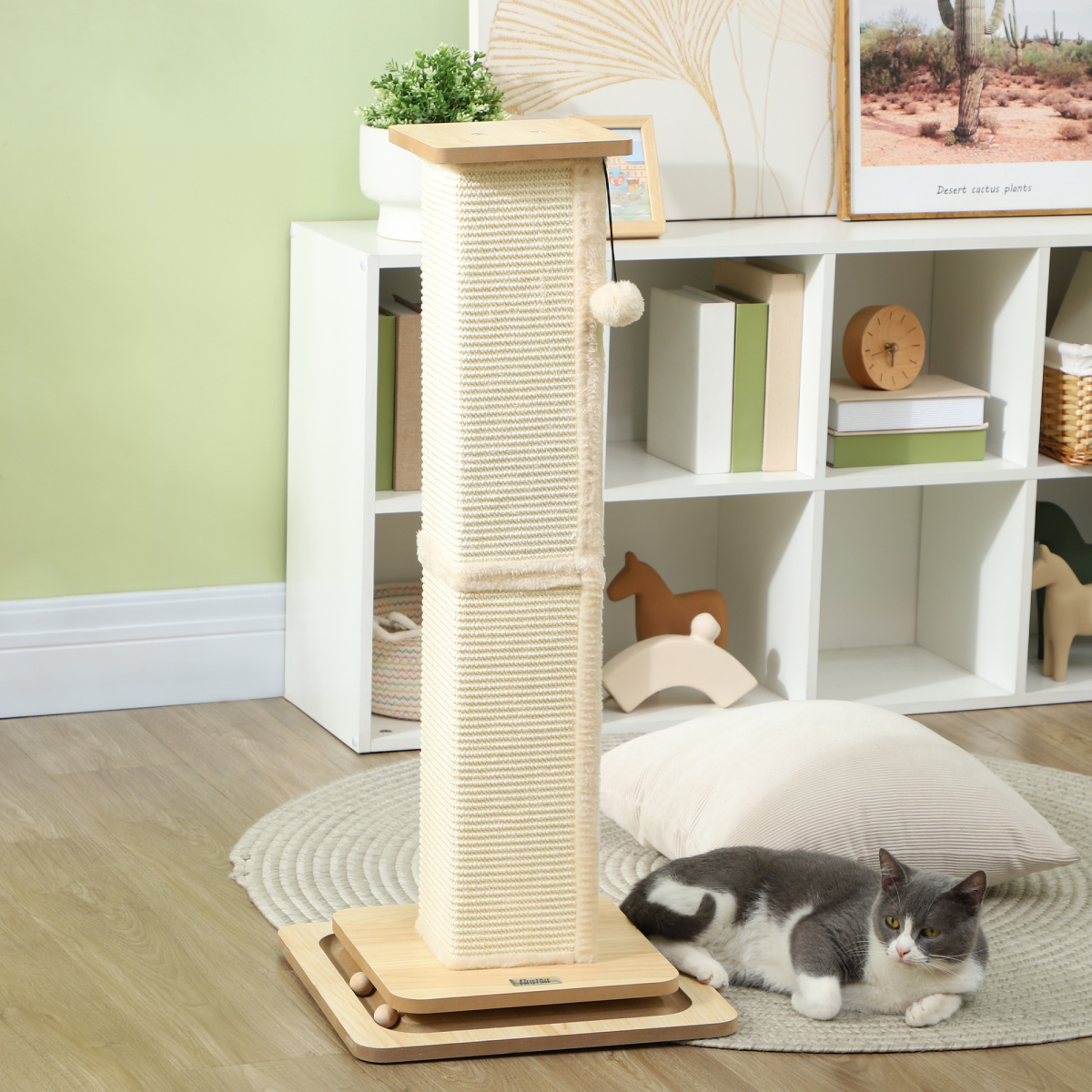 PawHut 87cm Cat Scratching Post 3-in-1 with Sisal Cover, Turntable Rail & Track Ball Toy – Oak