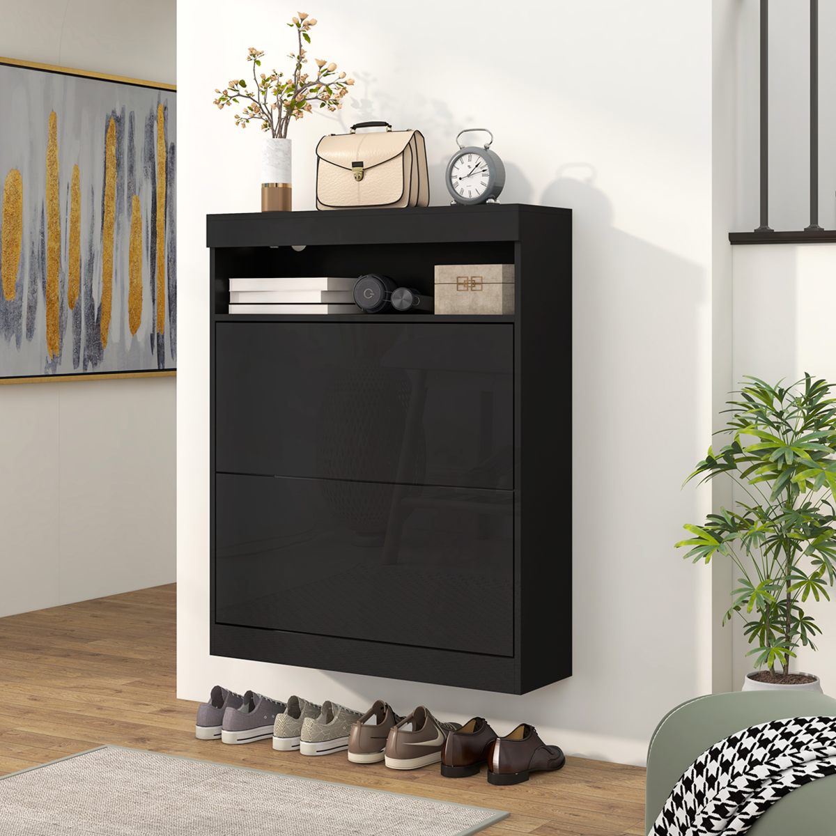 HOMCOM Wall Mounted or Freestanding Shoe Cabinet with 2 Flip Drawers – Slim Hallway Storage, Black