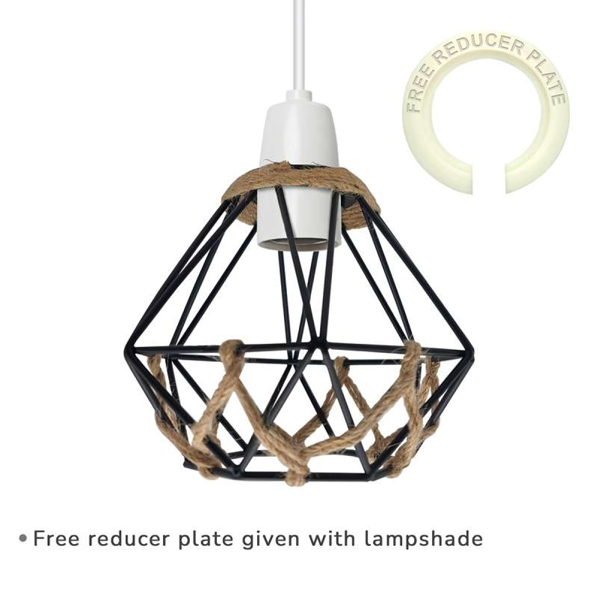LEDSone Vintage Diamond Hemp Rope Lampshade with Reducer Ring – Metal Cage Pendant Light Shade, Black
