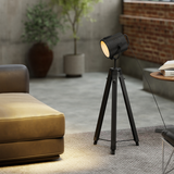 HOMCOM Industrial Wooden Tripod Spotlight Floor Lamp with Adjustable Height & Head – Living Room, Black