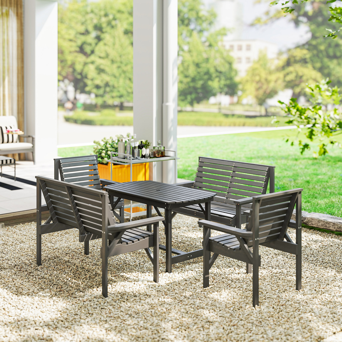 Outsunny 5-Piece Fir Wood Patio Dining Set with 60mm Umbrella Hole – Table, Chairs & Loveseats, Grey