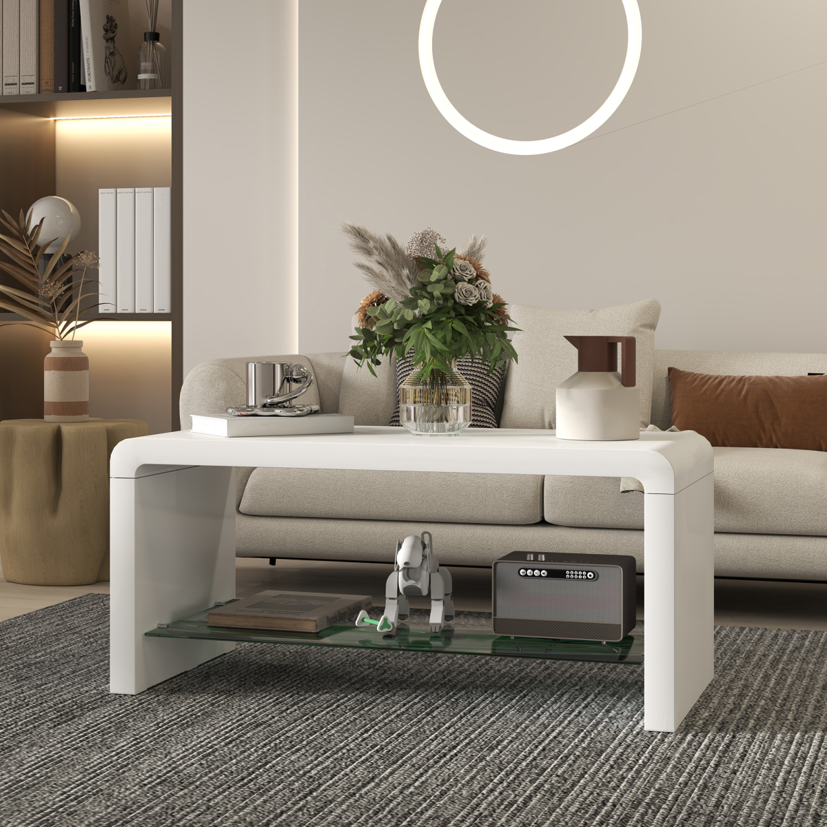 HOMCOM High Gloss Coffee Table with Lower Glass Shelf – Curved Two-Tier Living Room Table, White