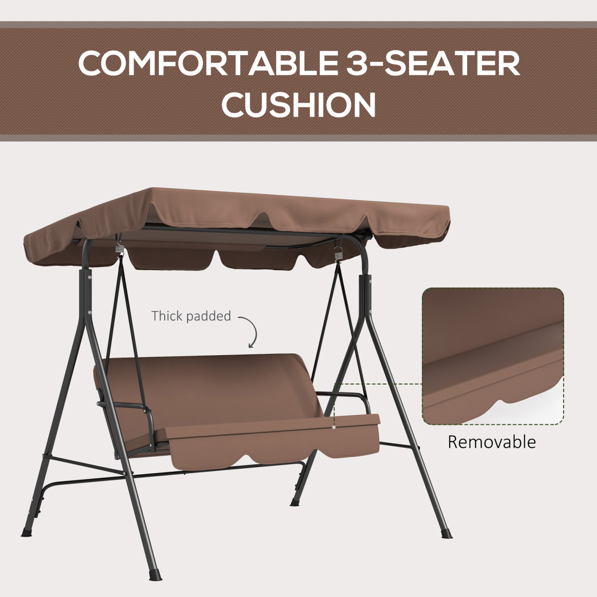 Outsunny 3-Person Outdoor Porch Swing Chair with Cushioned Seat and Adjustable Canopy – Garden Swing, Brown