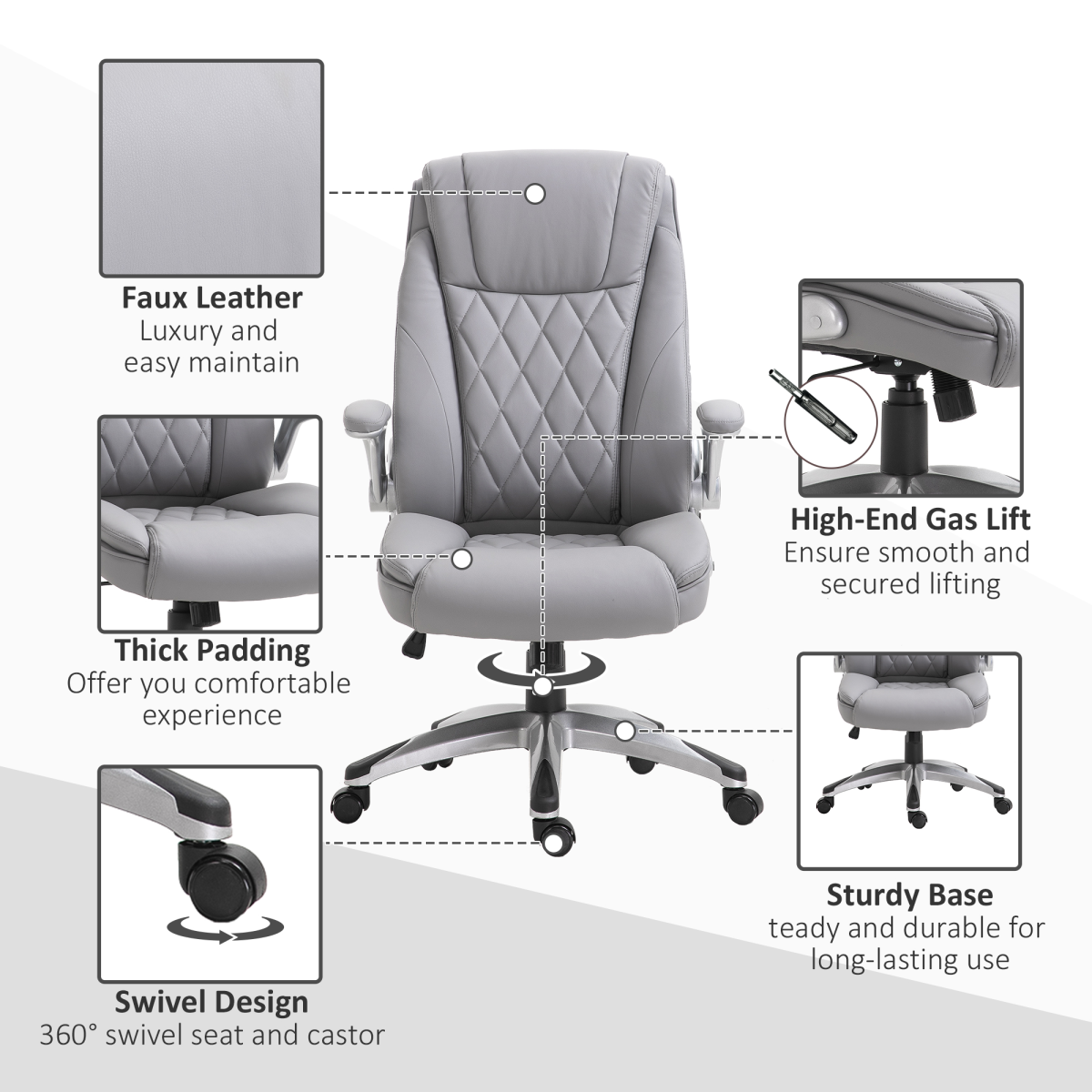 Vinsetto High Back Executive Office Chair with Headrest, Rocking Function & PU Leather – Grey