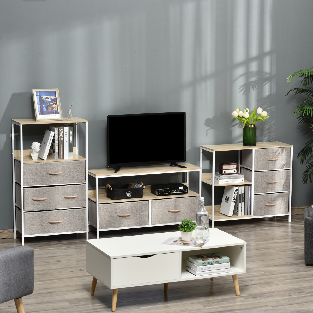 Chest Dresser with 3 Removable Fabric Drawers & Shelves – Metal Frame Storage Cabinet Organiser, Beige