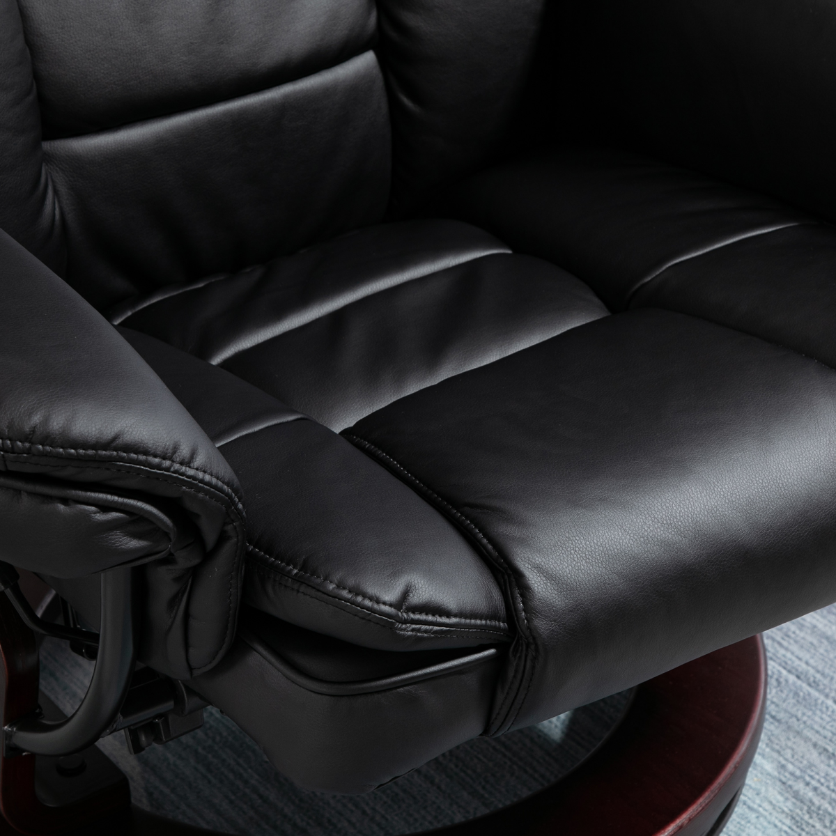 Swivel Manual Recliner Chair with Footstool – PU Faux Leather Lounge Armchair, Wood Base, 135° Recline, Black