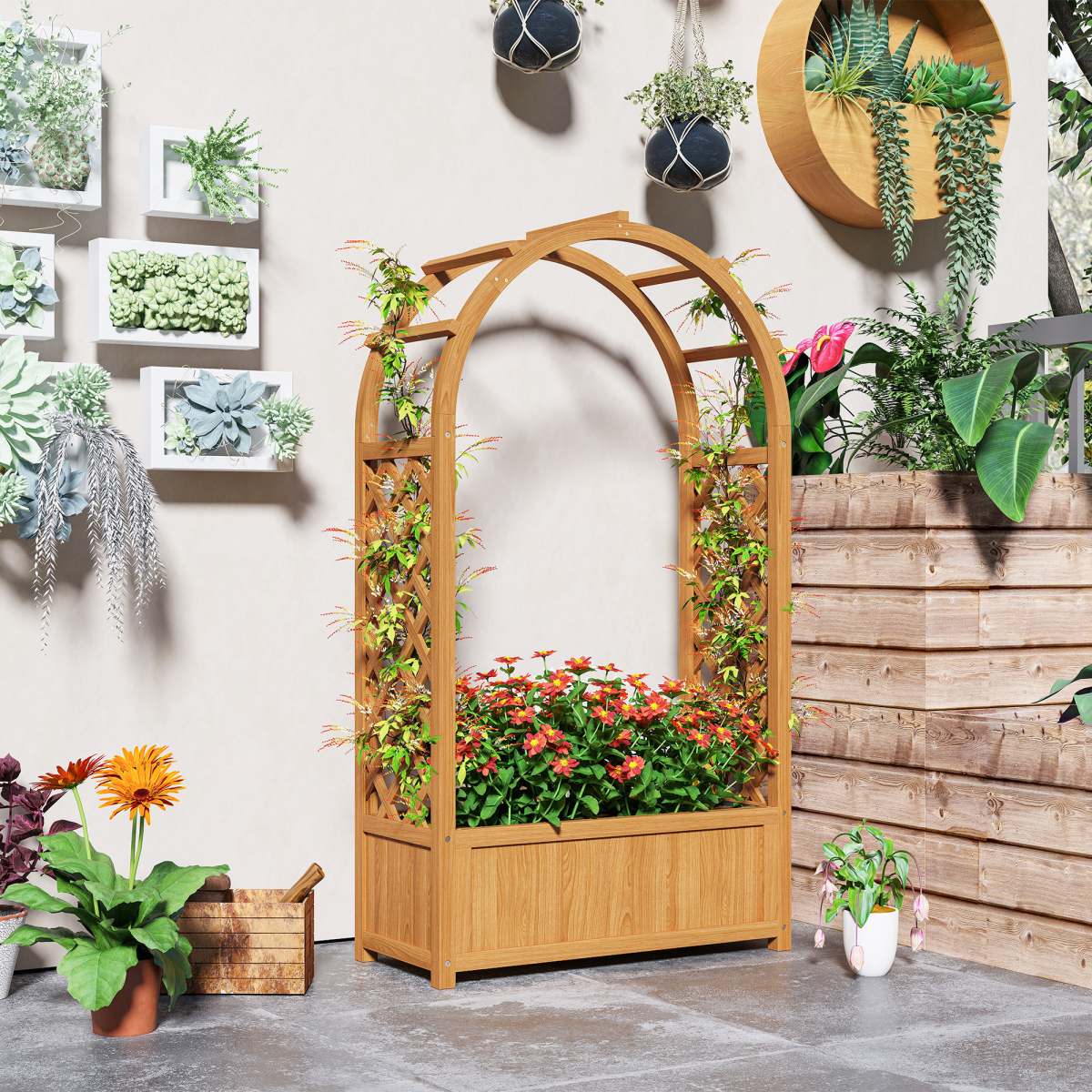 Outsunny Wooden Raised Garden Bed with Side & Arch Trellises, Drainage Holes & Fabric Liner – Fir Wood