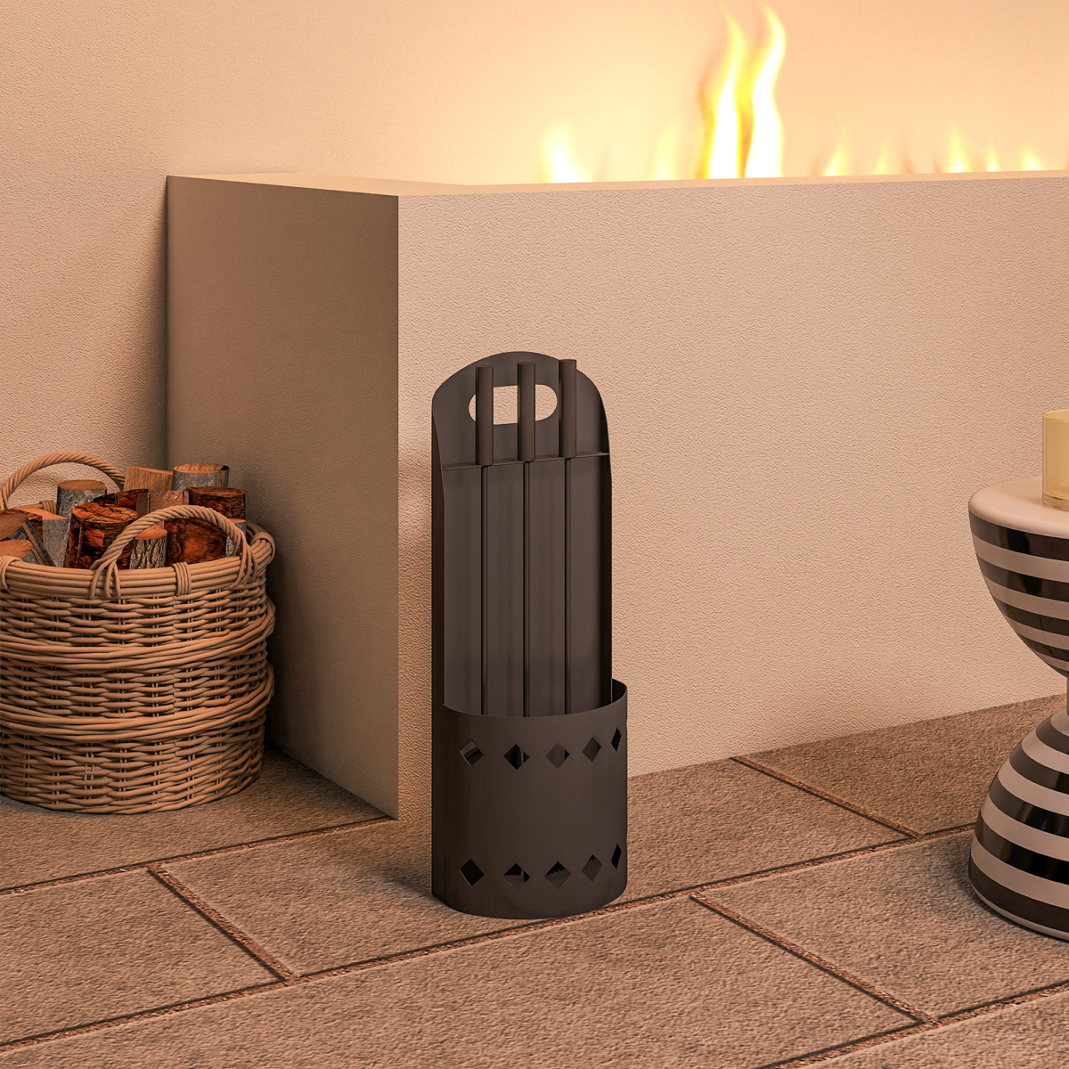 Outsunny 4 Piece Fireplace Companion Set with Broom, Shovel, Poker & Bucket – Powder-Coated Metal, Black