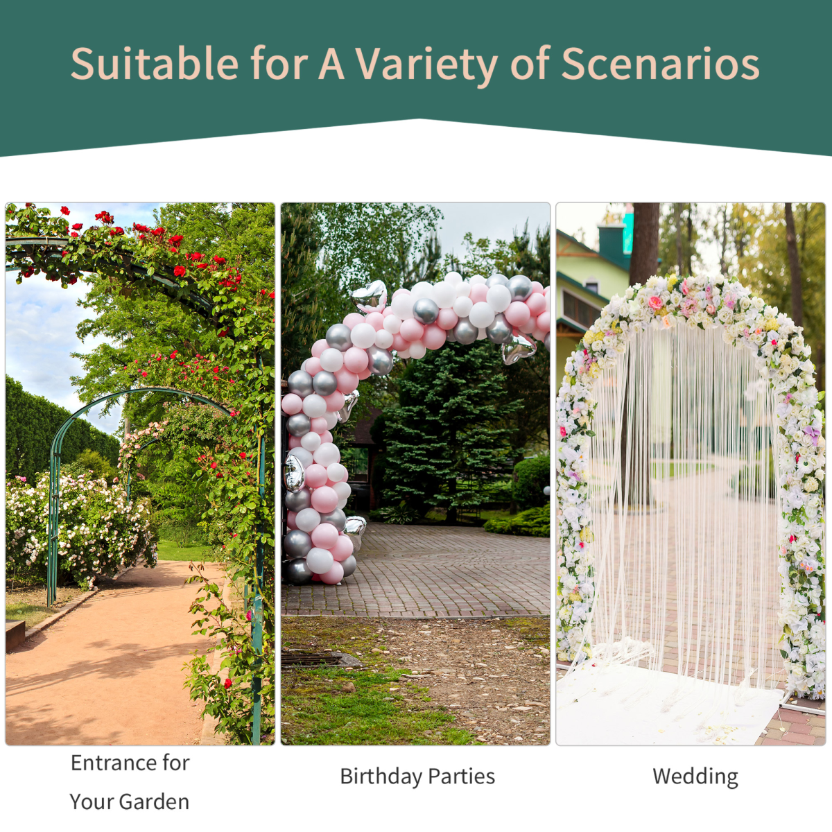 Outsunny Metal Garden Arch with Scroll Design, 226cm High – Climbing Plant Arbour for Weddings & Patios