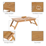 HOMCOM Portable Bamboo Laptop Desk with Adjustable Height, Tablet Holder, Drawer & Cup Slot – Bed Tray