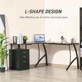L-Shaped Corner Computer Desk with 3 Drawers & Steel Frame – Space-Saving Home Office Workstation, Black
