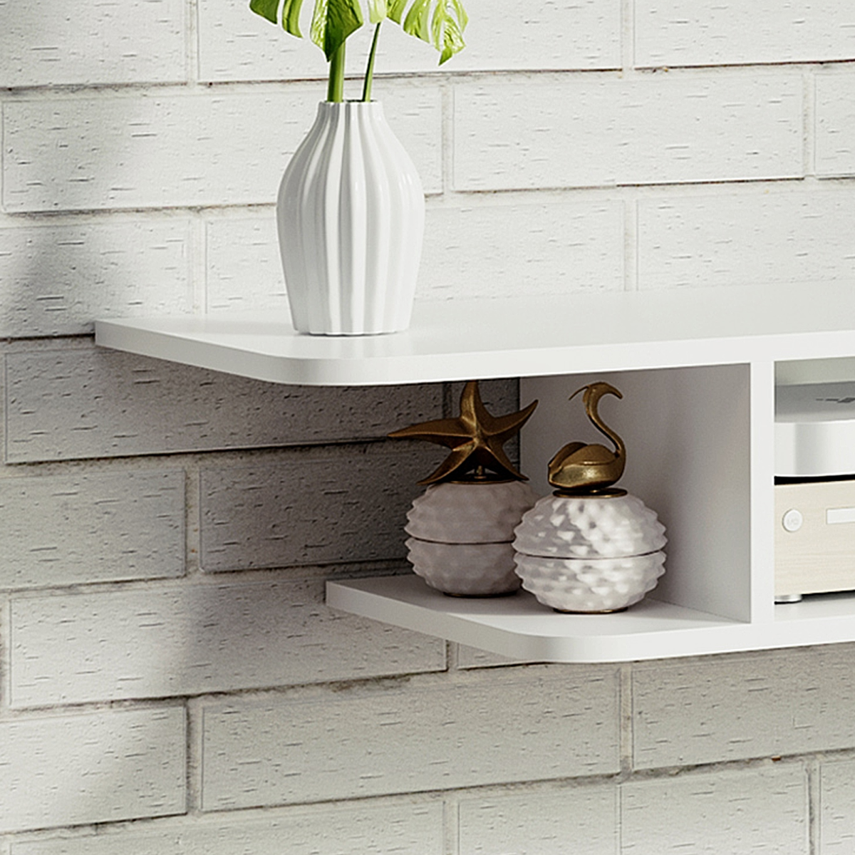 Floating Wall-Mounted TV Unit with Storage Shelves and Cable Management – Media Console, White