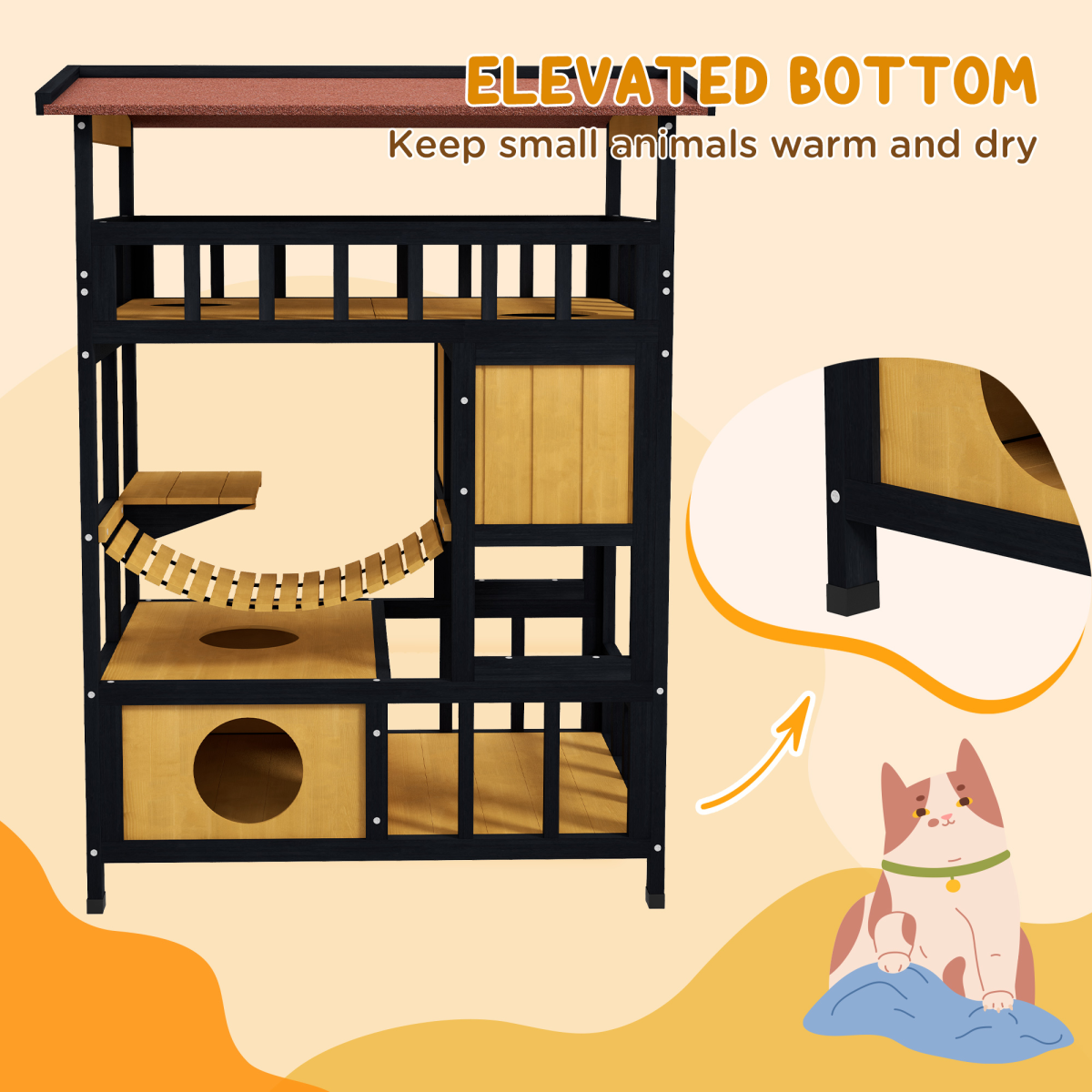PawHut Outdoor Wooden Cat House with Suspension Bridge, Two Lounges and Sun Decks – Weather-Resistant Shelter, Yellow, Black and Red