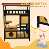 PawHut Outdoor Wooden Cat House with Suspension Bridge, Two Lounges and Sun Decks – Weather-Resistant Shelter, Yellow, Black and Red