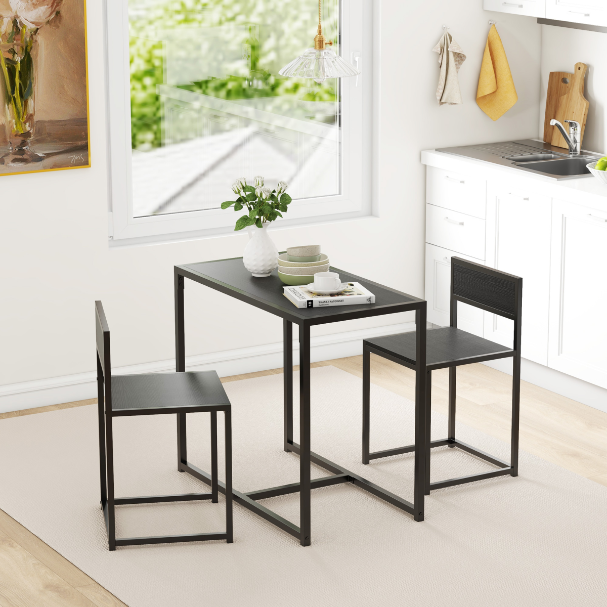 HOMCOM 3 Piece Metal Frame Dining Table & Stool Set – Compact Kitchen Dining for Two, Black