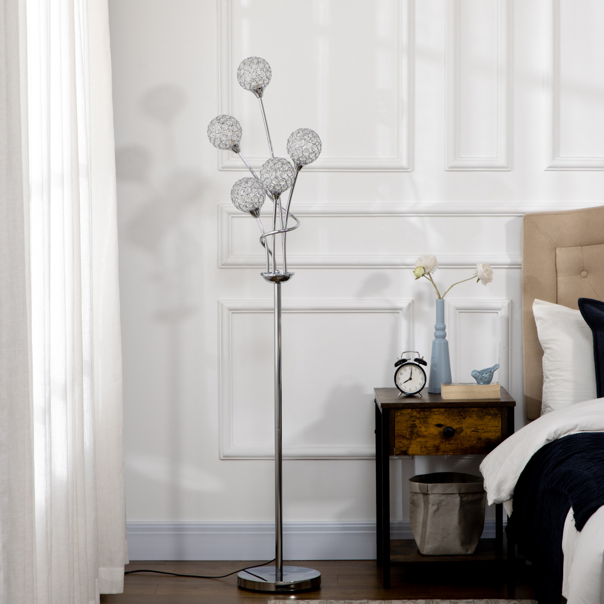 HOMCOM K9 Crystal 5-Light Upright Floor Lamp with Bead-Filled Shades – Living Room Standing Light, Silver