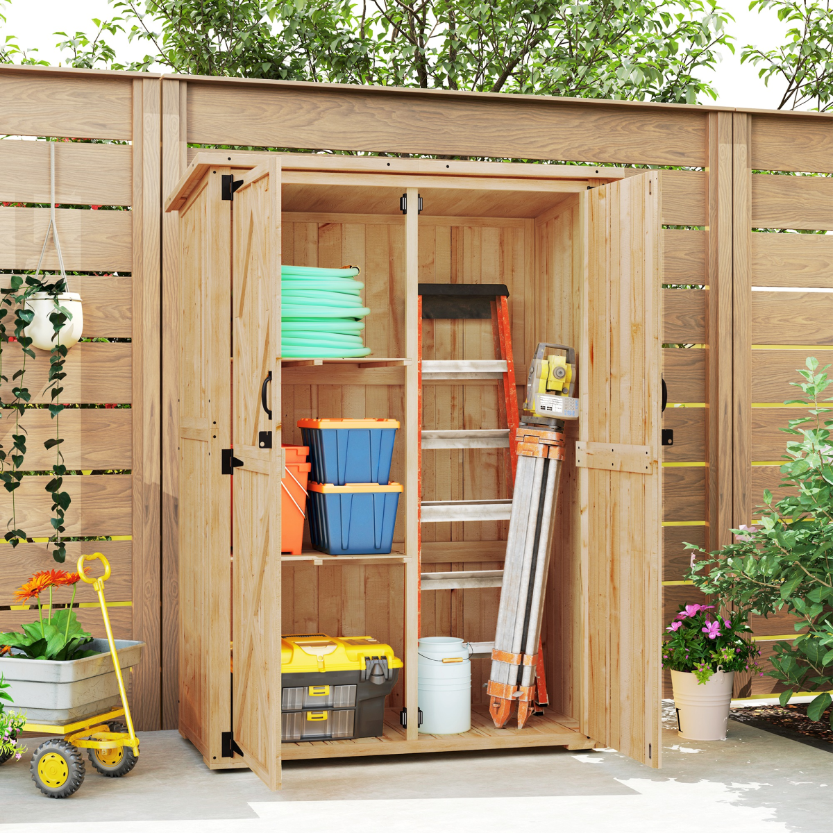 Outsunny Wooden Garden Tool Storage Cabinet with Double Doors, Shelves and Asphalt Roof – Fir Wood, Natural