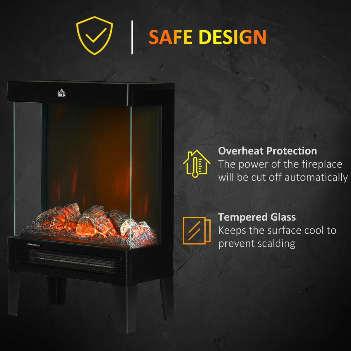 HOMCOM Electric Fireplace Heater with Quiet LED Flame Effect, 1000W/2000W and Overheat Protection