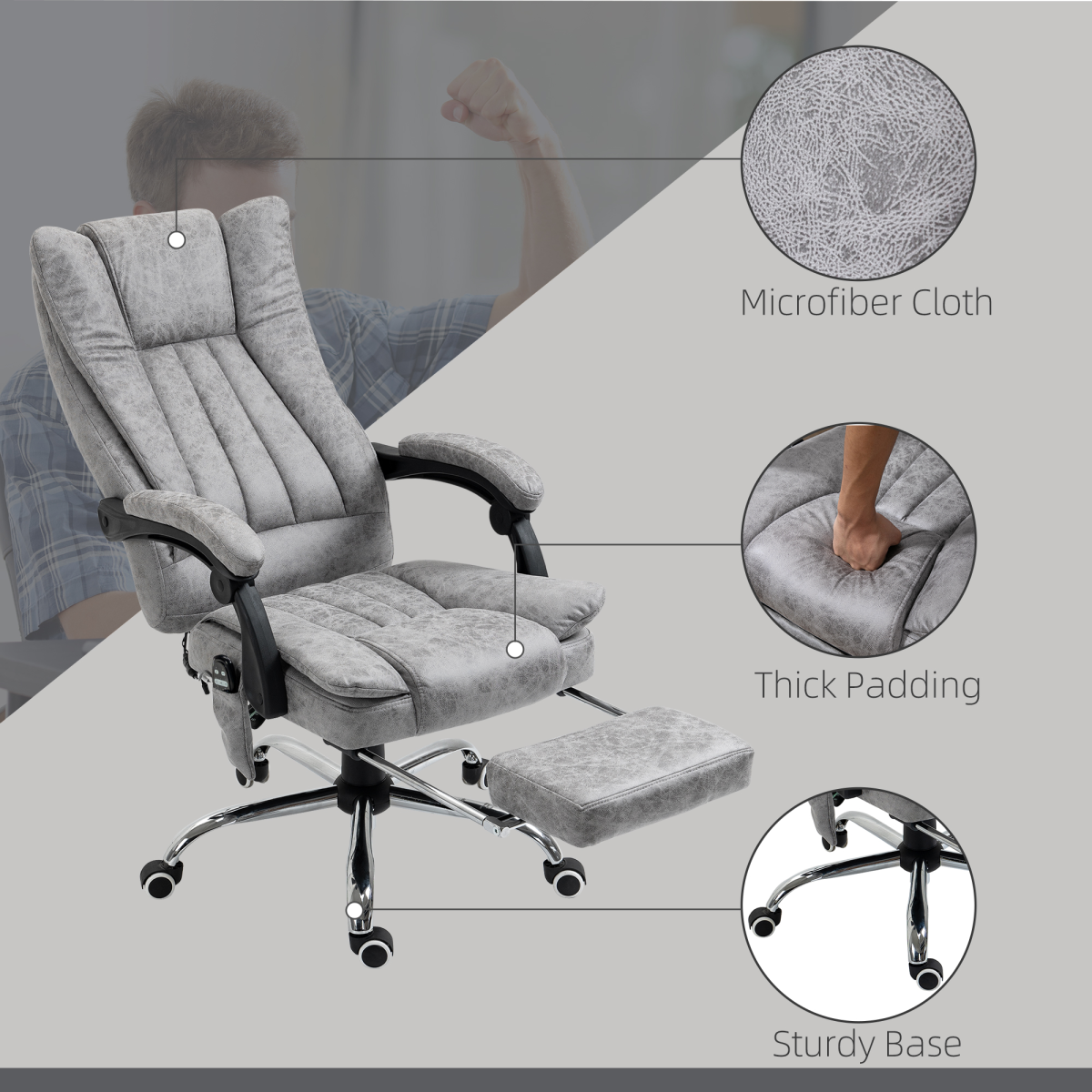 Vinsetto 6-Point Vibration Massage Office Chair with Heating & Remote – Microfibre Swivel Chair, Grey