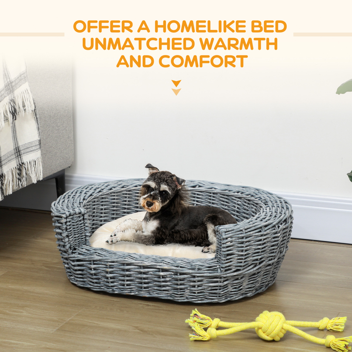 Pawhut Elevated Pet Sofa Bed with Willow Rattan Frame & Cushion – Cat & Dog Basket, Small Breeds up to 20kg