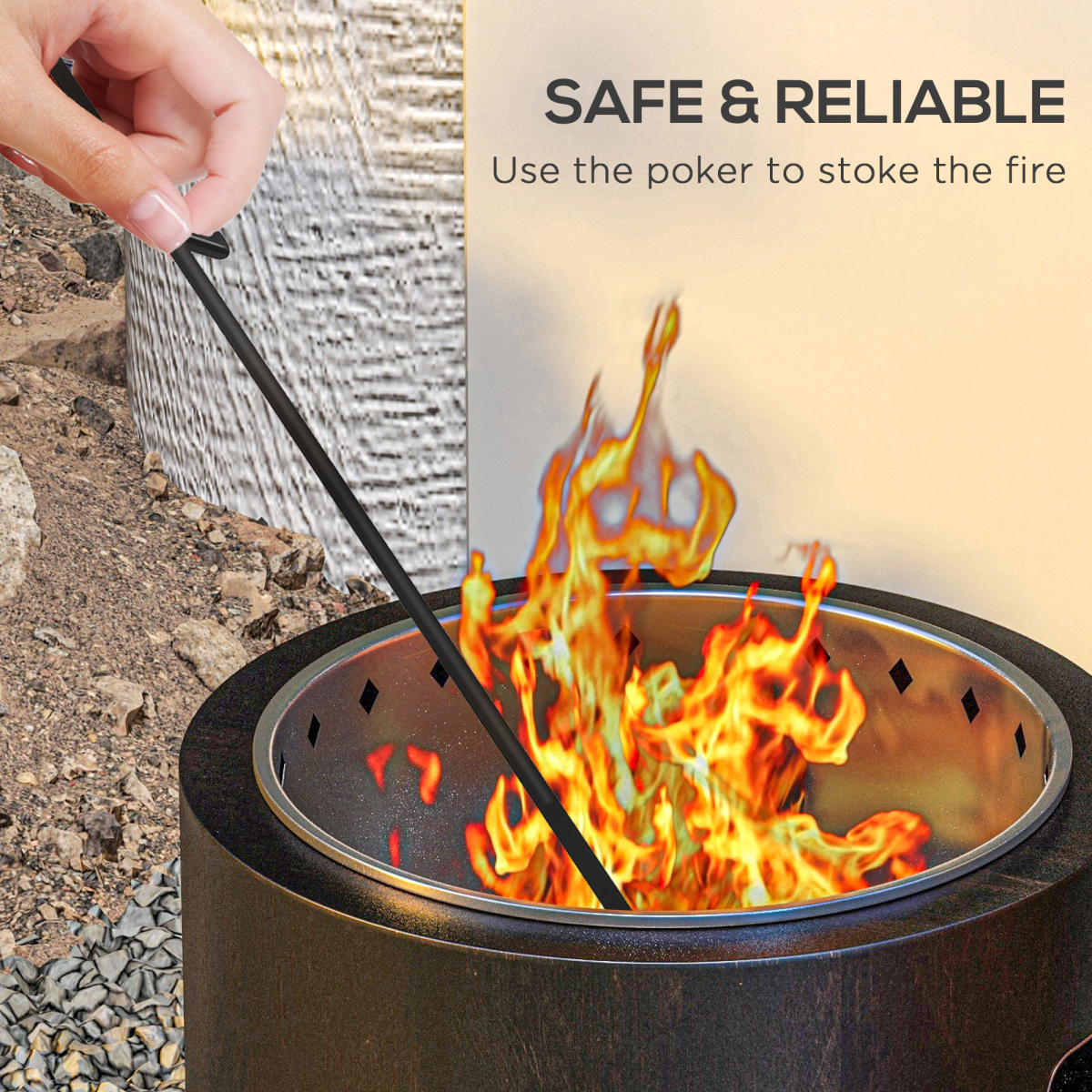Outsunny 45cm Smokeless Wood Burning Fire Pit – Secondary Combustion Metal Firepit with Poker, Black