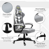 Racing Gaming Chair with Lumbar Cushion & Headrest Pillow, Height Adjustable – PVC Leather Study Chair, Grey & White