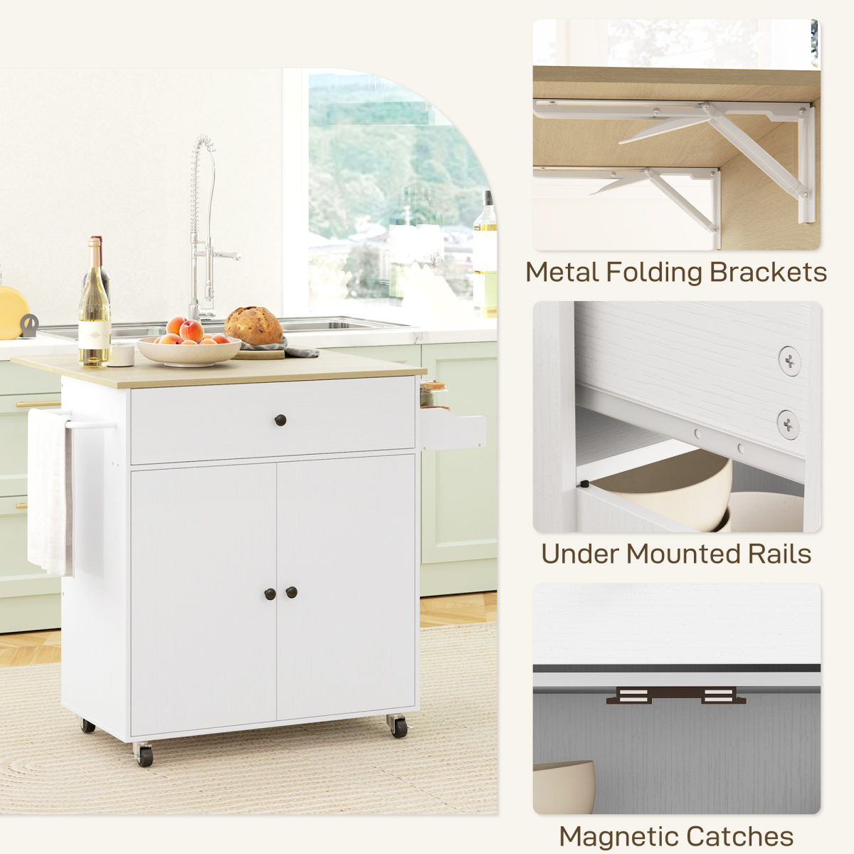 HOMCOM Kitchen Island with Drop Leaf, Drawer & Cabinet – Rolling Storage Trolley with Spice Rack, White