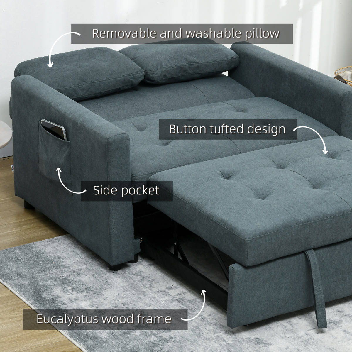 HOMCOM Click-Clack 2 Seater Sofa Bed with Cushions & Side Pockets – Space-Saving Guest Settee, Grey
