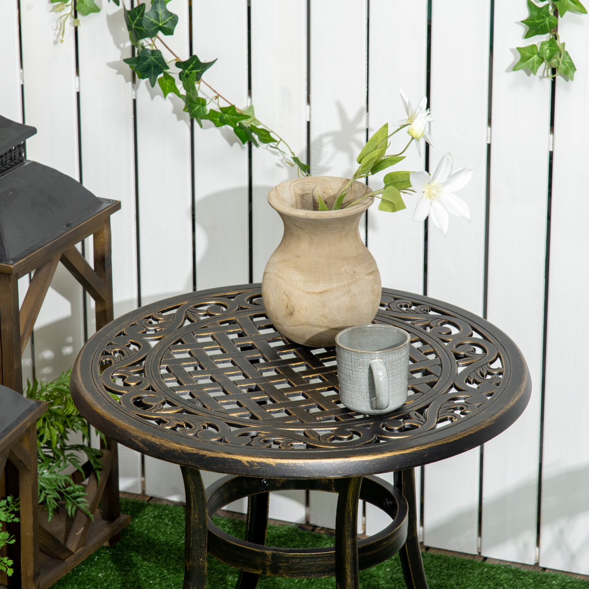 Outsunny 60cm Round Garden Side Table with Hollow Top – Cast Aluminium Frame, Adjustable Feet, Bronze