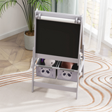 AIYAPLAY 3-in-1 Kids Easel with Paper Roll, Blackboard, Whiteboard and Storage Baskets – Grey