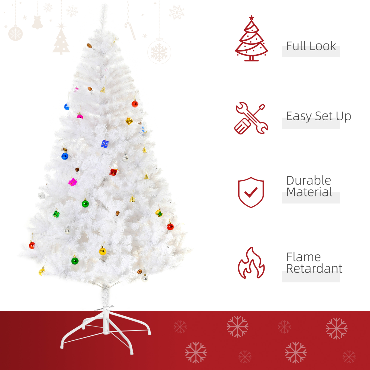 HOMCOM 6ft Artificial Snow Christmas Tree with Metal Stand and Decorations – Elegant Faux White Tree