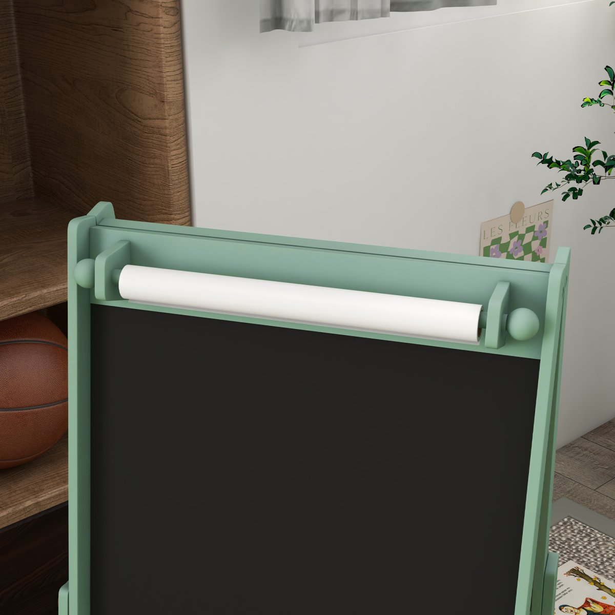 AIYAPLAY Kids Easel with Paper Roll, Blackboard, Whiteboard and Storage Baskets – 3-in-1 Art Easel, Green