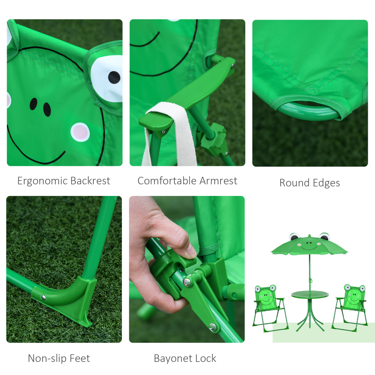 Kids Foldable Picnic Table Set with 2 Chairs & Frog Parasol, 4-Piece – Garden Furniture for Ages 3–5, Green