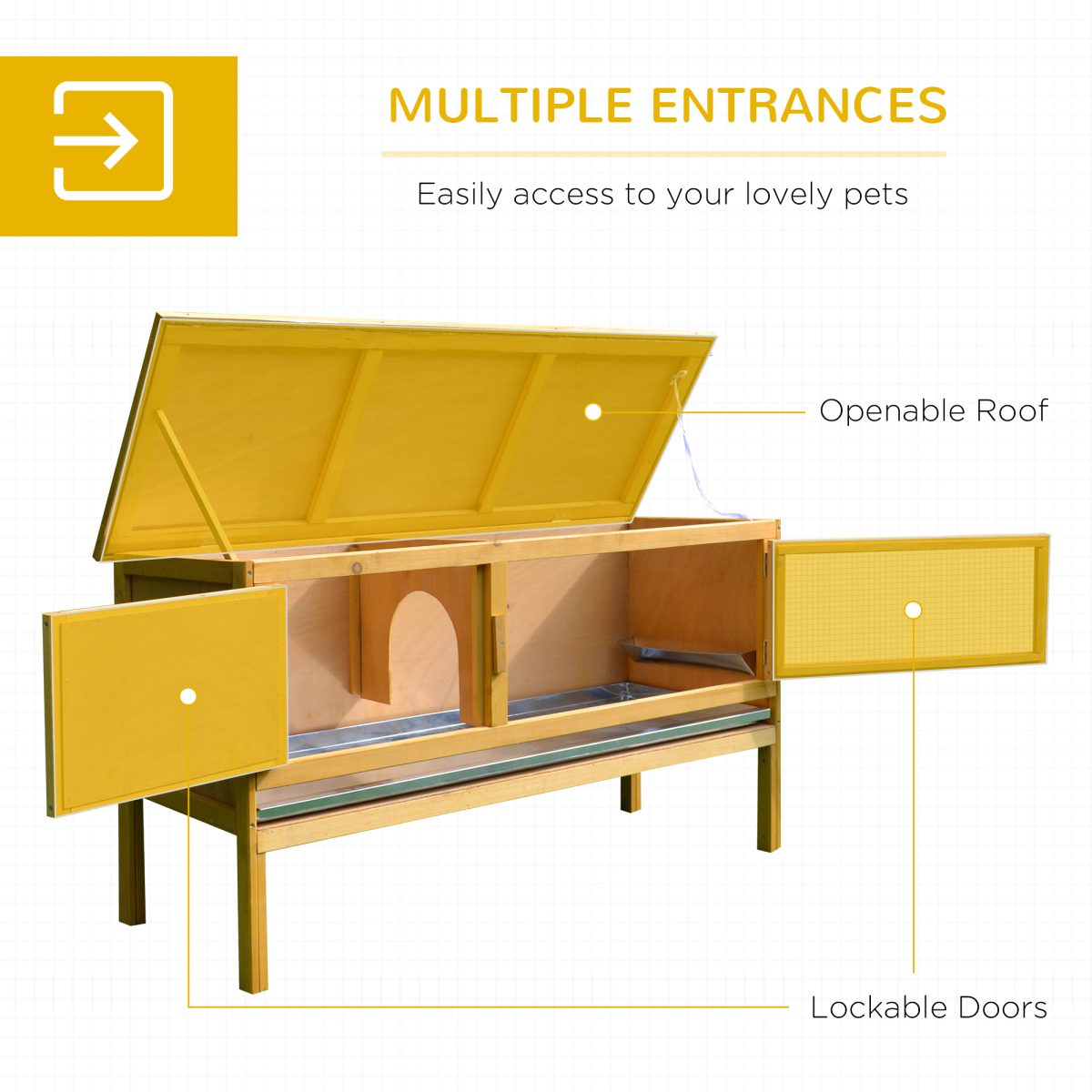 PawHut Wooden Rabbit Hutch with Hinged Top and Slide-Out Tray – Outdoor Small Animal House, Yellow and Green