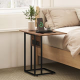 HOMCOM C Shaped Side Table with Charging Station and Foldable Top – Space-Saving, Rustic Brown and Black