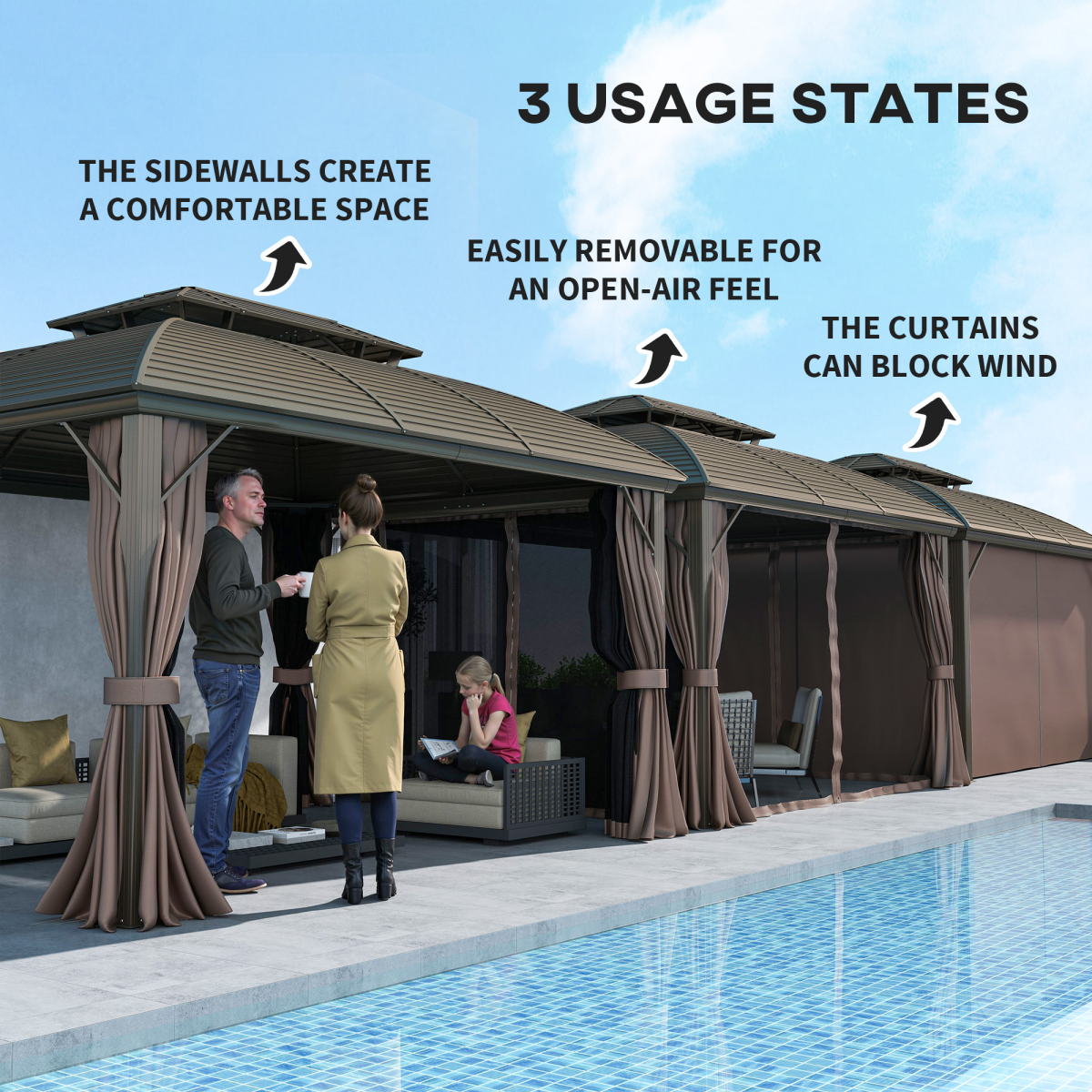 Outsunny 3.65x3m Aluminium Hardtop Gazebo with Double Roof, Mesh Sidewalls & Curtains – Coffee