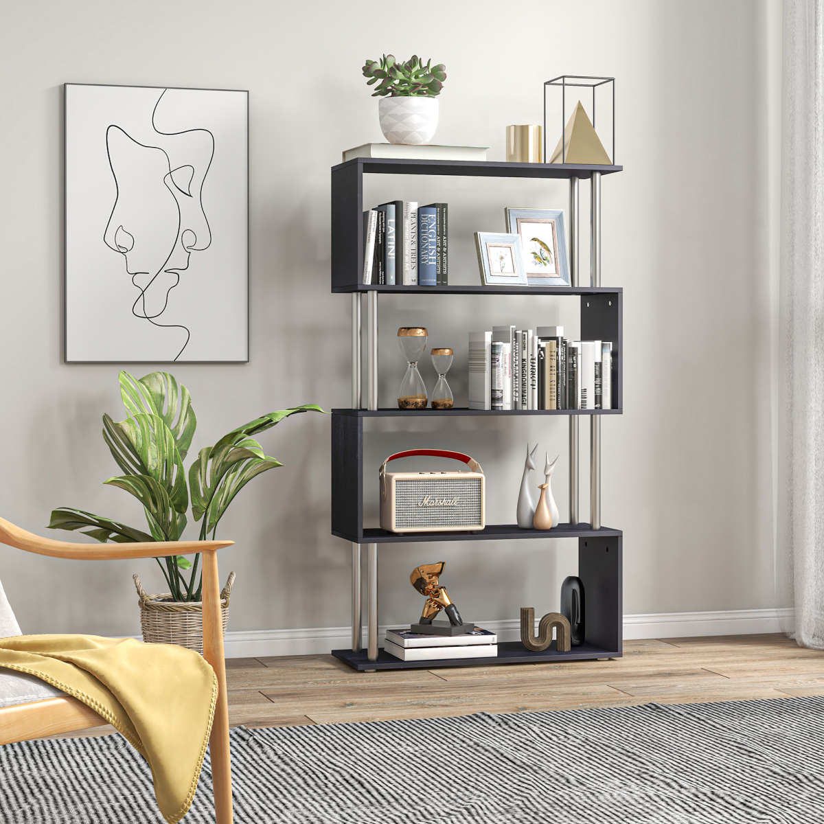 HOMCOM Wooden S-Shape Bookshelf & Room Divider – Multi-Tier Display Shelves, Black