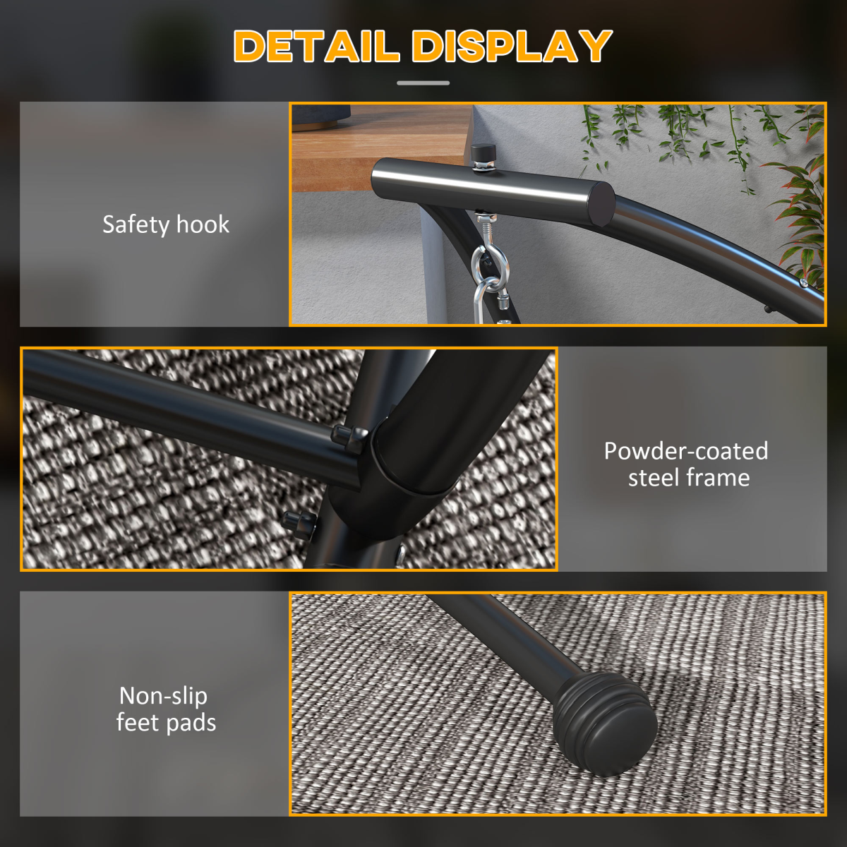 Outsunny C-Shape Metal Hammock Chair Stand with Spring Buckle – Steel Frame, 150kg Capacity, Black