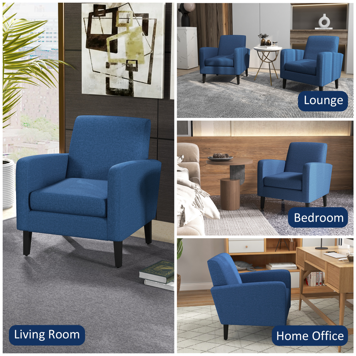 HOMCOM Compact Modern Accent Armchair with Rubber Wood Legs & Linen-Feel Upholstery – Blue