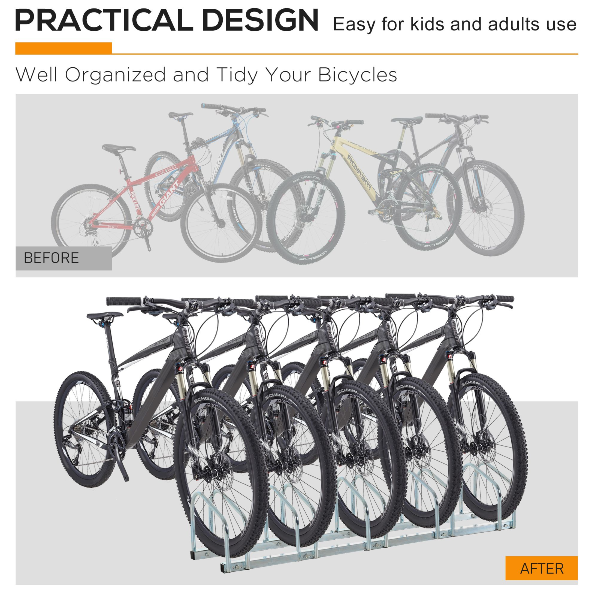 HOMCOM 5 Bike Parking Rack, Galvanised Steel Floor or Wall Mounted Cycle Storage Stand – Garage & Shed