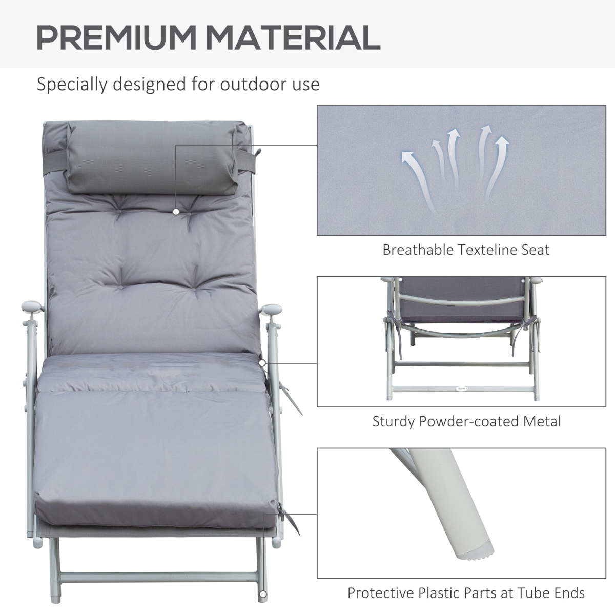 Outsunny Padded Sun Lounger with Pillow, 7-Position Adjustable Backrest & Steel Frame – Foldable Garden Recliner, Grey