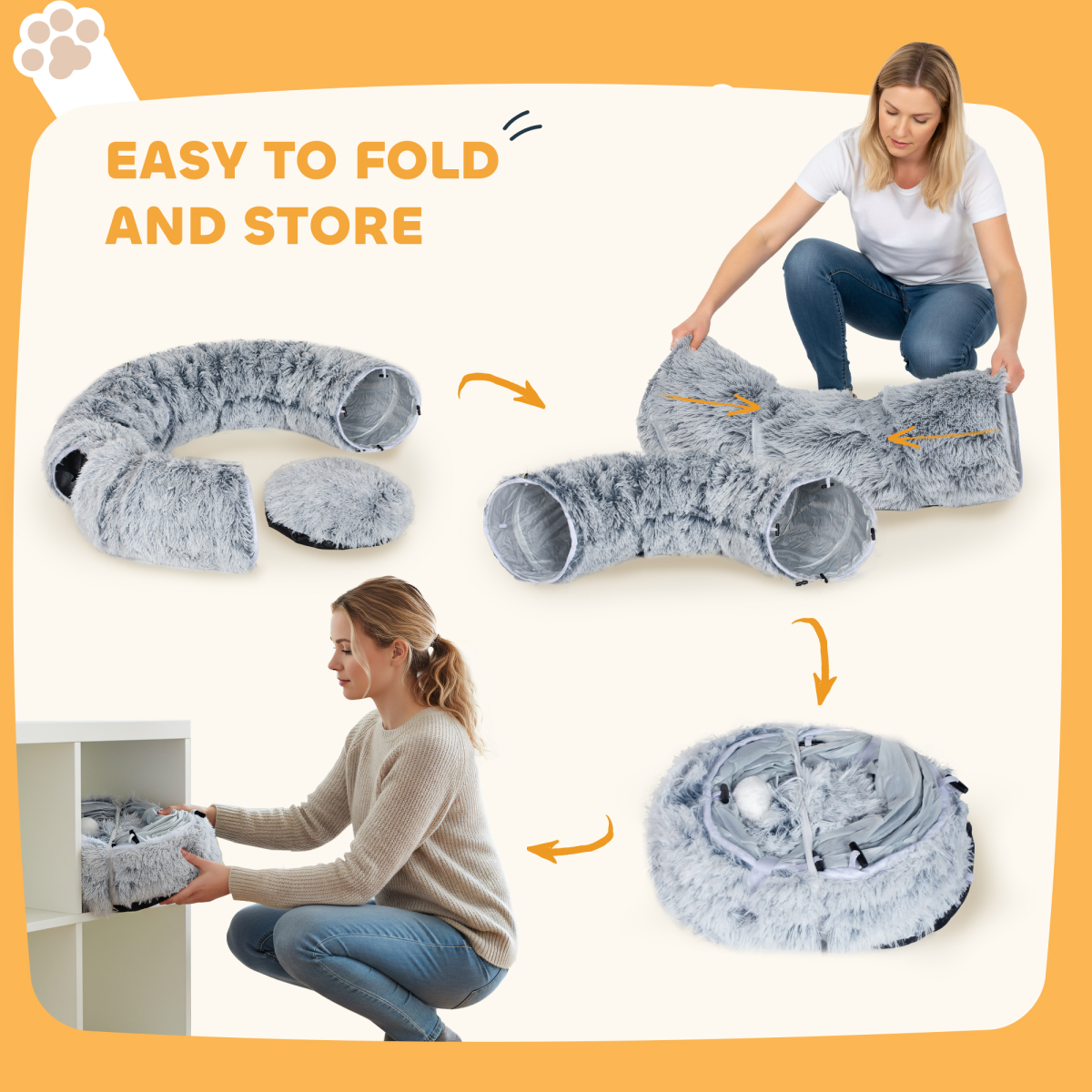PawHut Donut Cat Play Tunnel Bed with Washable Cushion and Toy Ball – Foldable Pet Tunnel, Light Grey