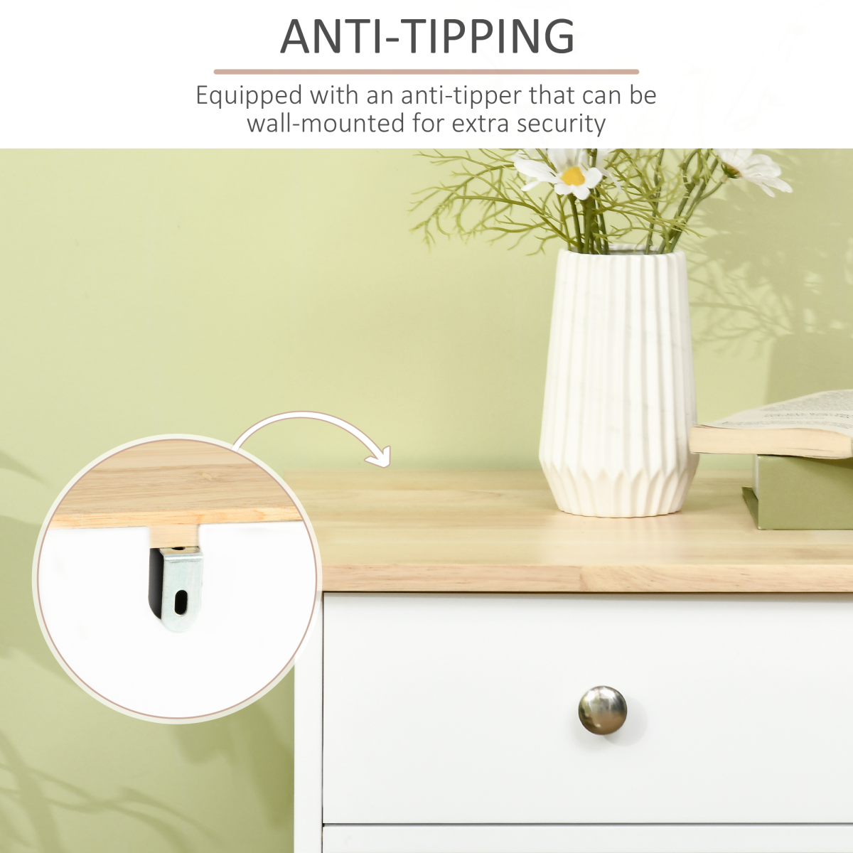 HOMCOM White Sideboard with Natural Rubberwood Top, 3 Drawers & Adjustable Shelves – Storage Cabinet