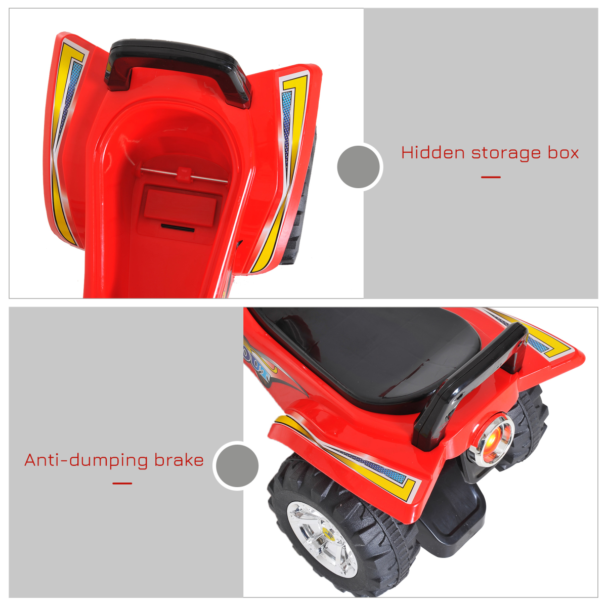 HOMCOM Kids Ride-On Quad Bike with LED Light, Horn and Music – Foot-Powered Toddler Ride-On, Red