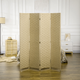 4-Panel Folding Room Divider, Wave Fibre Woven Wicker Effect Privacy Screen with Wood Frame, Brown