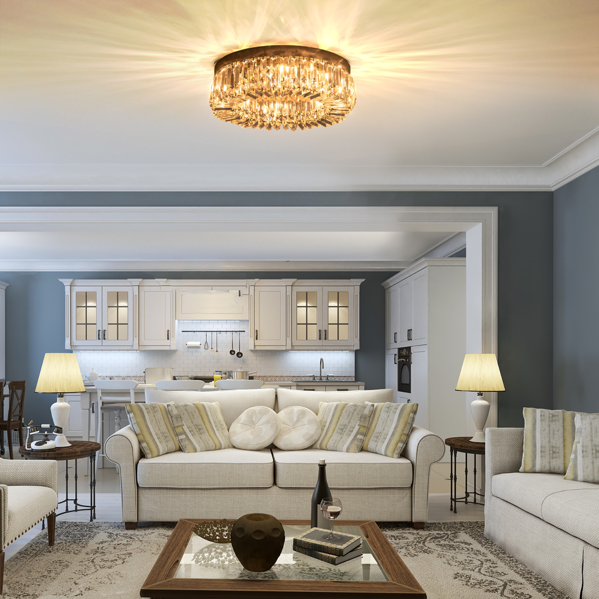 HOMCOM Crystal Chandelier Ceiling Light with Stainless Steel Frame – Pendant Light for Living Room, Silver